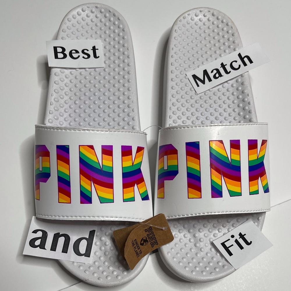 Victoria’s Secret PINK S M L Logo Slides Beach Sandals Pool Padded Rainbow